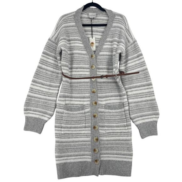 Pink Rose Belted Duster Cardigan Sweater Dress Size XL Gray White Stripe - Picture 1 of 12